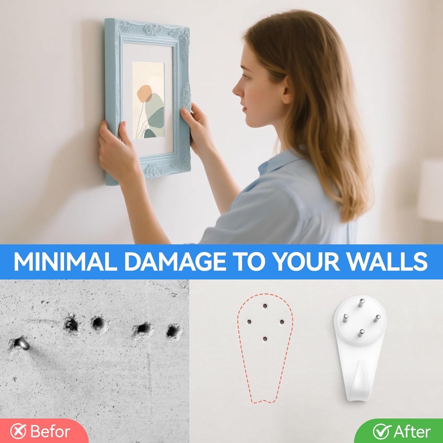 Non-Trace Wall Hooks, Picture Hanging Hooks, Clock Hooks, Frame Hanger Hook, for Hanging Paintings Photos Mirror & Other Wall Decors